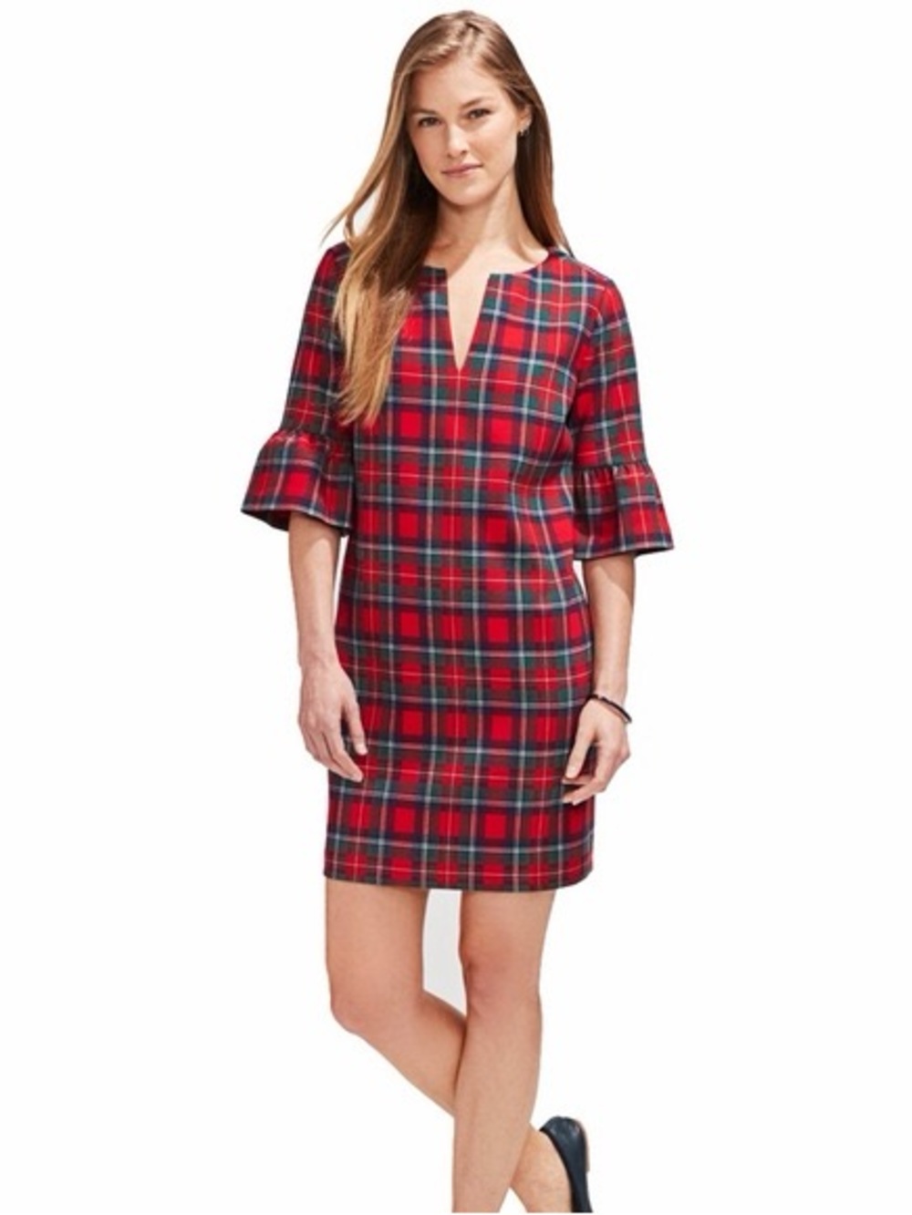 Vineyard Vines Tartan Red Plaid Shift Dress Flutter Sleeve